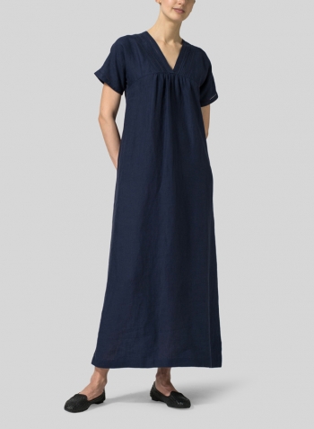 Navy Linen Deep V-Neck Long Dress