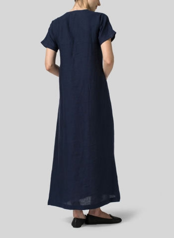 Navy Linen Deep V-Neck Long Dress
