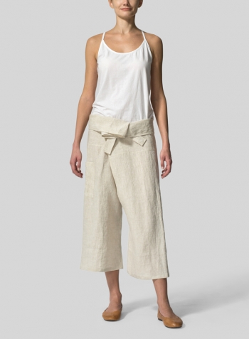 Oat Linen Thai Style Tie Loose Cropped Pants