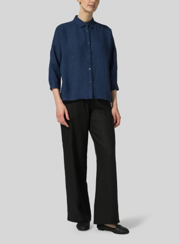 Prussian Blue Linen Crop Sleeve Boxy Shirt