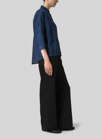 Prussian Blue Linen Crop Sleeve Boxy Shirt