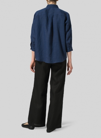 Prussian Blue Linen Crop Sleeve Boxy Shirt