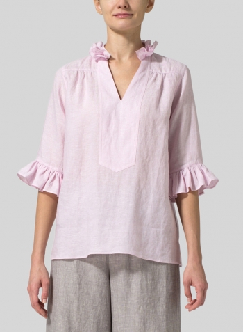 Soft Pink Linen Ruffle Stand Collar Top