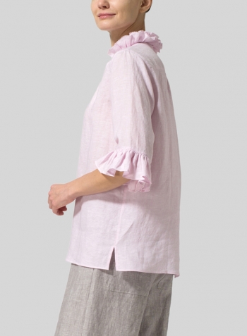 Soft Pink Linen Ruffle Stand Collar Top