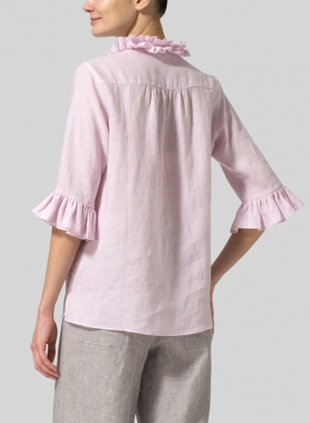 Soft Pink Linen Ruffle Stand Collar Top