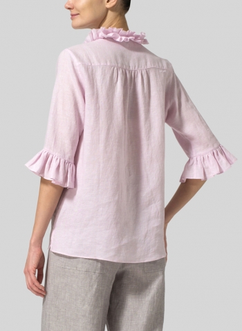 Soft Pink Linen Ruffle Stand Collar Top