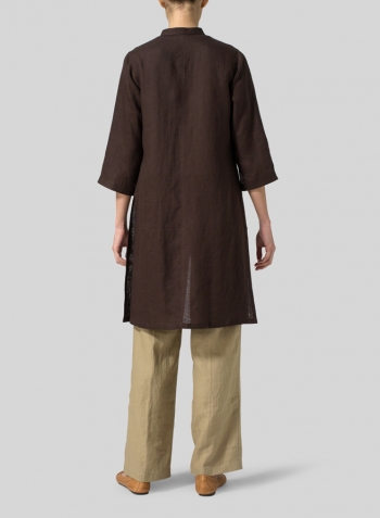 Brown Linen Mandarin Collar Simple Long Blouse Set