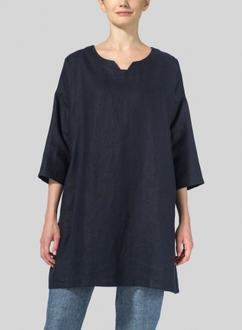 Dark Navy Linen Decolletage Neckline Long Tunic