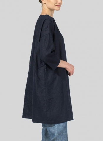 Dark Navy Linen Decolletage Neckline Long Tunic