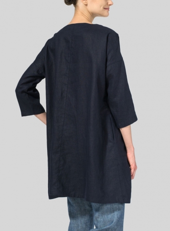 Dark Navy Linen Decolletage Neckline Long Tunic