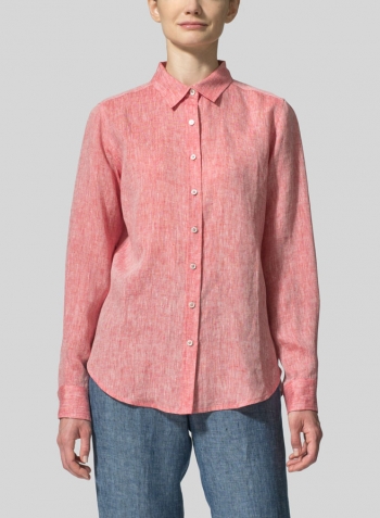Two Tone Red Linen Classic Long Sleeve Shirt