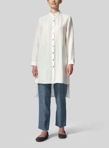 Soft White Linen Mandarin Collar Long Sleeve Jacket