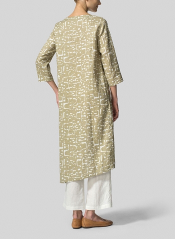 Khaki Printed Linen Asymmetrical Tunic