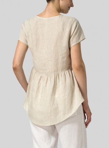Oat Linen Short Sleeve Pleated Blouse