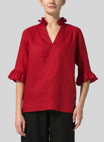 Red Linen Ruffle Stand Collar Top