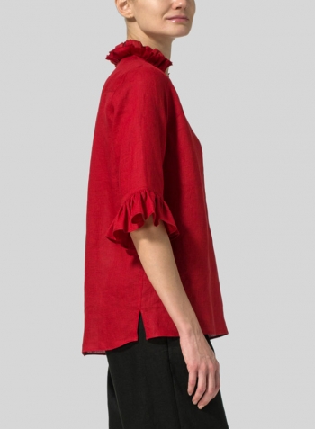 Red Linen Ruffle Stand Collar Top
