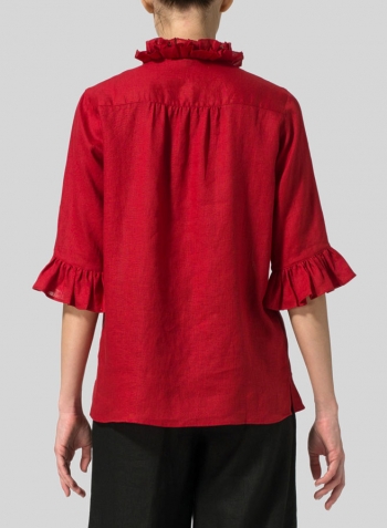 Red Linen Ruffle Stand Collar Top