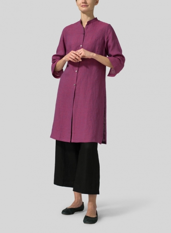 Two Tone Purple Linen Mandarin Collar Simple Long Blouse