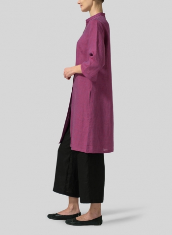 Two Tone Purple Linen Mandarin Collar Simple Long Blouse