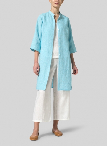 Aqua Blue Linen Mandarin Collar Simple Long Blouse