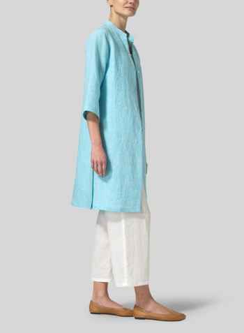 Aqua Blue Linen Mandarin Collar Simple Long Blouse