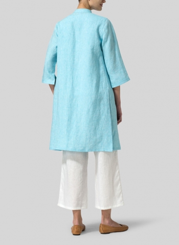 Aqua Blue Linen Mandarin Collar Simple Long Blouse