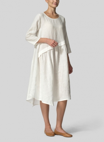 White Linen A-line Asymmetrical Hem Dress