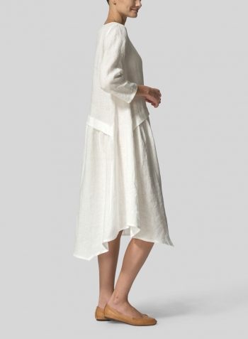 White Linen A-line Asymmetrical Hem Dress