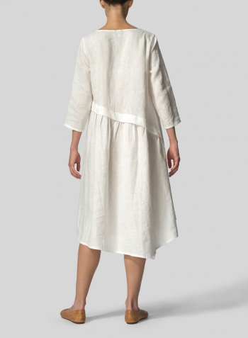 White Linen A-line Asymmetrical Hem Dress