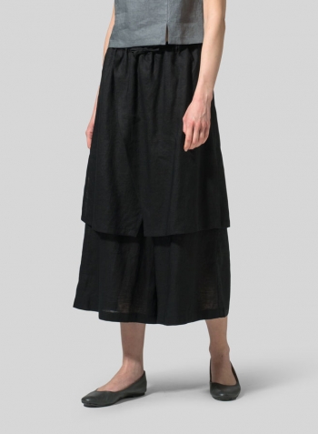 Black Linen Two-Layer Drawstring Long Culottes