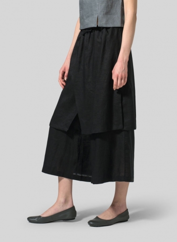 Black Linen Two-Layer Drawstring Long Culottes