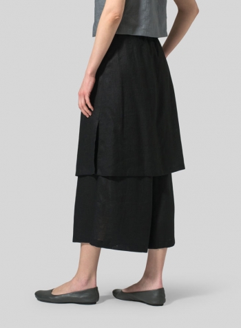 Black Linen Two-Layer Drawstring Long Culottes