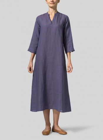 Dark Slate Purple Linen V-neck Mandarin Collar Dress Tunic
