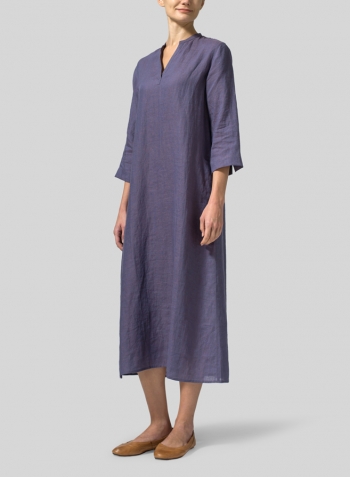 Dark Slate Purple Linen V-neck Mandarin Collar Dress Tunic