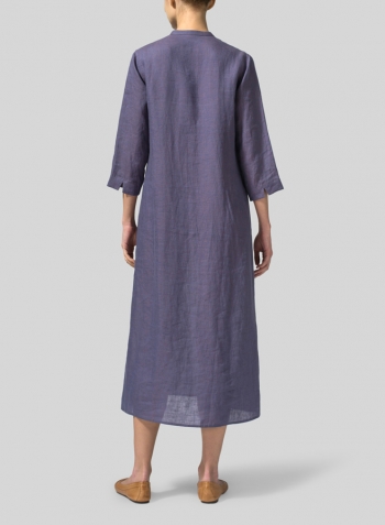 Dark Slate Purple Linen V-neck Mandarin Collar Dress Tunic