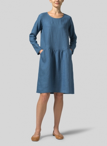 Steel Blue Linen Pleated-Waist Dress