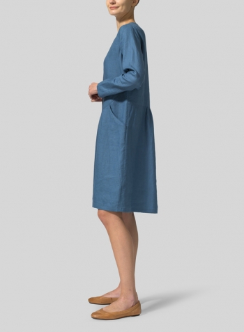 Steel Blue Linen Pleated-Waist Dress