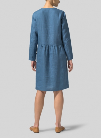 Steel Blue Linen Pleated-Waist Dress
