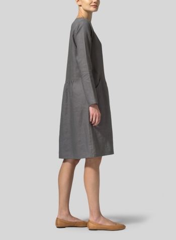 Gray Linen Pleated-Waist Dress