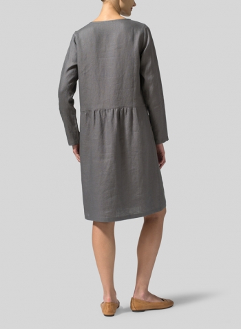 Gray Linen Pleated-Waist Dress
