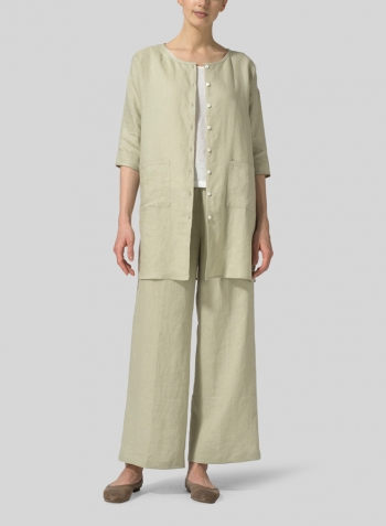 Light Khaki Linen Round Neck Button Front Top Set