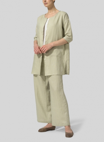 Light Khaki Linen Round Neck Button Front Top Set