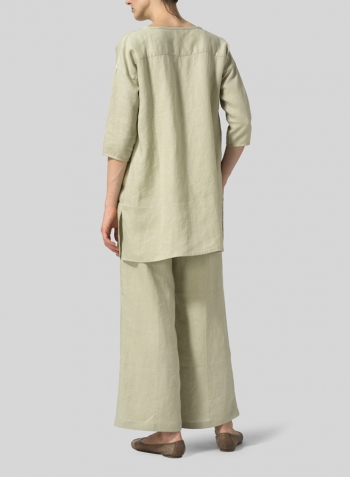 Light Khaki Linen Round Neck Button Front Top Set