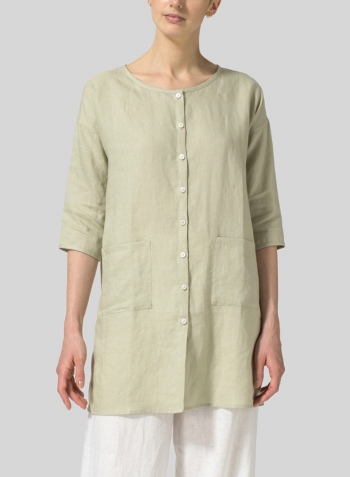 Light Khaki Linen Round Neck Button Front Top