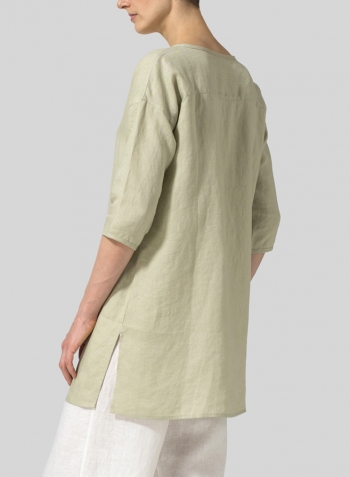 Light Khaki Linen Round Neck Button Front Top