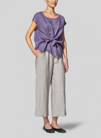 Purple Linen Waist Self-tied Ribbon Top