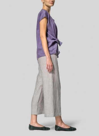 Purple Linen Waist Self-tied Ribbon Top