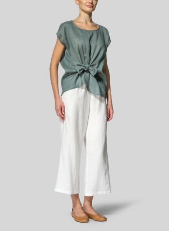 Green Gray Linen Waist Self-tied Ribbon Top