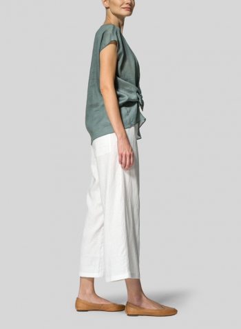 Green Gray Linen Waist Self-tied Ribbon Top