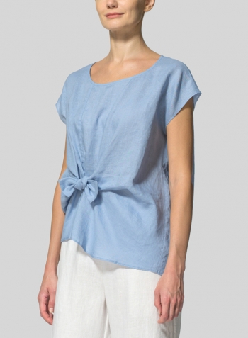 Sky Blue Linen Waist Self-tied Ribbon Top